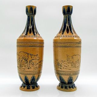 Pair of Doulton Lambeth Florence Barlow Vases, Dogs