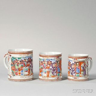 Three Graduated Polychrome Decorated Chinese Export Porcelain Mugs