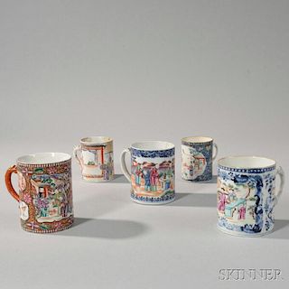 Five Polychrome Decorated Export Porcelain Mugs