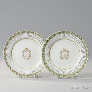 Pair of Export Porcelain Reticulated Armorial Plates