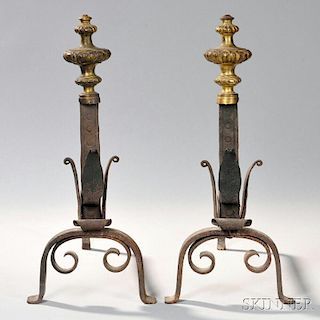 Pair of Gilt-brass and Wrought Iron Andirons
