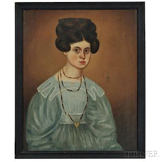 American School, Early 19th Century      Portrait of a Woman in Blue Dress with White Trim