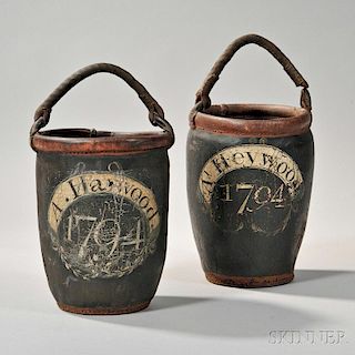 Near Pair of Polychrome Leather Fire Buckets