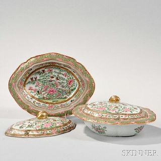 Two Rose Canton Export Porcelain Covered Vegetable Dishes