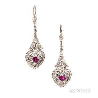 Platinum, Pink Sapphire, and Diamond Earrings