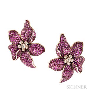 Pink Sapphire and Diamond Flower Earclips
