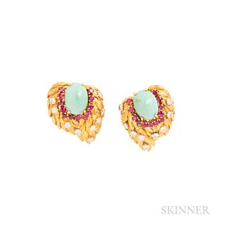 18kt Gold, Turquoise, Ruby, and Diamond Earrings