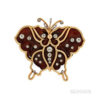Amber and Diamond Butterfly Brooch
