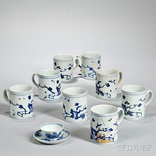 Eight Nanking Cargo Export Porcelain Mugs and One Teacup and Saucer