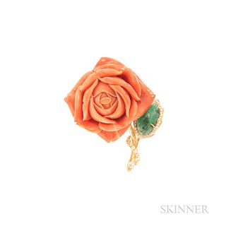 18kt Gold, Coral, and Diamond Rose Brooch