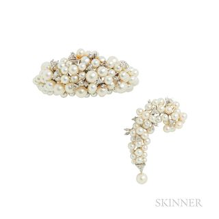 Cultured Pearl and Diamond Bracelet and Brooch
