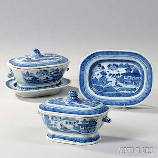Two Canton Porcelain Covered Sauce Tureens with Undertrays