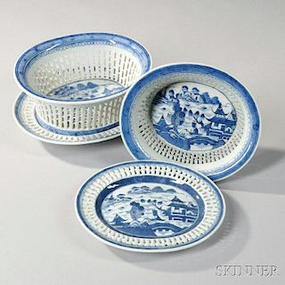 Two Canton Porcelain Fruit Baskets and Undertrays