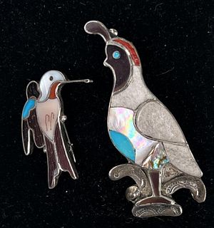 Two Native American Sterling & Enamel Bird Pins