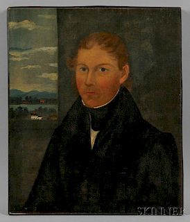 American School, 19th Century      Portrait of a Gentleman with Landscape and Buildings Beyond