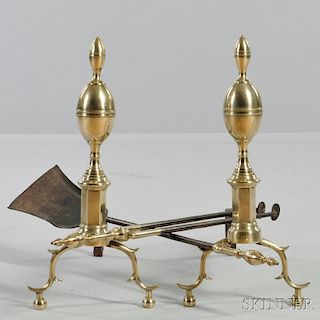 Pair of Brass and Iron Double Lemon-top Andirons and Two Matching Tools
