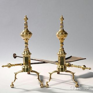 Pair of Brass and Iron Urn-top Andirons with Two Matching Tools