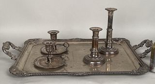 Two Pair Old Sheffield Candlesticks, S/P Tray