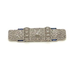 Art Deco Platinum 18k Diamond Sapphire Bar BroochÂ 