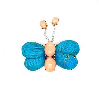 18k Turquoise Coral & Diamonds Butterfly Brooch