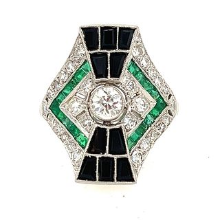 Platinum Diamond Emerald Onyx Ring