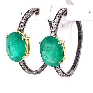 18K White/Black Emerald Diamond Hoop Earrings