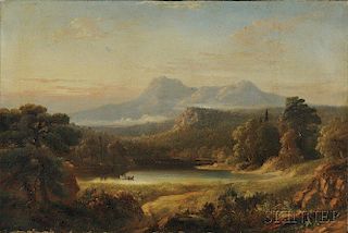 American School, Mid-19th Century      Expansive Mountain Landscape with Figures in Canoe on a Lake