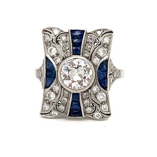 Art Deco Platinum Diamond Sapphire RingÂ 