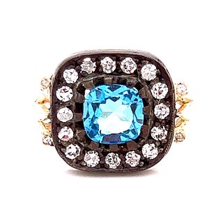 Silver and Gold Blue Zircon Diamond Ring