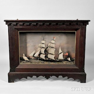 Shadow Box Tabletop Diorama of a Three-masted Vessel and Smaller Vessels