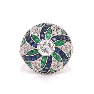 Art Deco Platinum Sapphire Emerald Diamond Round RingÂ 