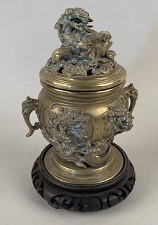 Chinese Brass Lidded Censer/Carved Wood Stand