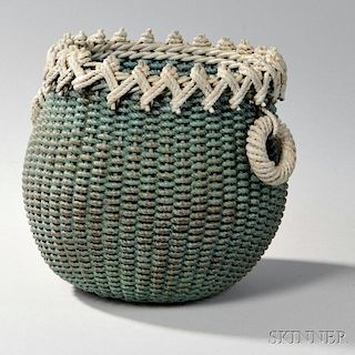Blue/green- and White-painted Ropework Basket