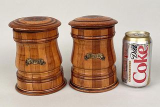Pair Victorian Treen Canisters, Inlaid Lids
