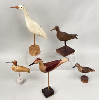 Five Carved & Painted Wooden Shore Birds