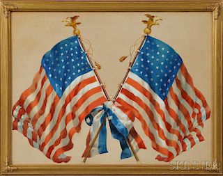 Watercolor on Paper of Two Crossed Forty-five-star Flags
