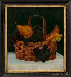 American School, 19th Century      Still Life with Fruit in Basket on a Stone Tabletop