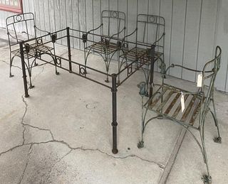 Wrought/Cast Iron Glass Top Table, Four Chairs