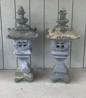 Pair Cast Concrete Asian Form Garden Lanterns