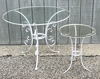 Two Wrought Iron Glass Top Round Garden Tables