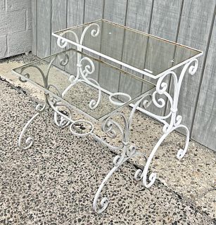 Two Nesting Wrought Iron Glass Top Garden Tables