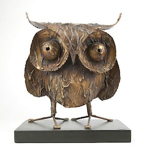 A Curtis Jere patinated metal owl sculpture