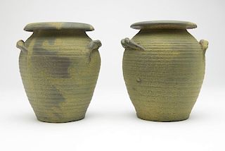Pair of Weller hand-thrown ''Fleron'' studio pots