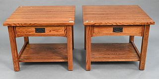 Pair of Michaels for Restoration Hardware Mission Oak Side Tables, having cedar lined drawers, height 21 inches, top 25" x 26".