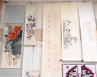 Group of Seven Chinese Scrolls, to include three having flowers; two with characters; one with birds; along with one having mountainous landscape; lar