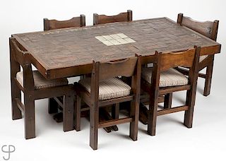 A rustic tile-top dining set