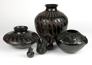 6 Mata Ortiz & Santa Clara blackware vessels