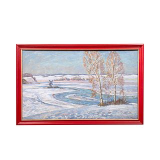 VIKTOR A. BORZOV. A la orilla del rio en Mijaiovski. Firmado y fechado 1992 al reverso. Óleo sobre tela 49.5 x 83 cm.