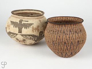 Two polychrome coiled baskets