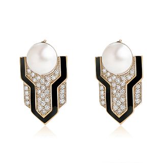 Mabe Pearl Diamond and Enamel Earrings